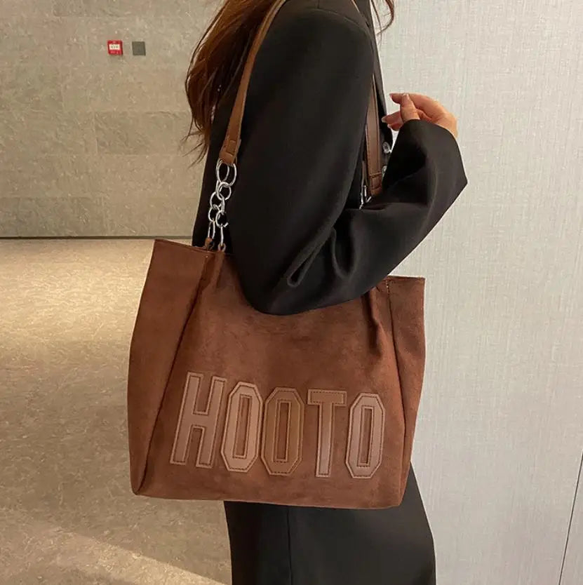 Large Capacity Nubuck Tote Bag with Letter Emboss & Chain Strap