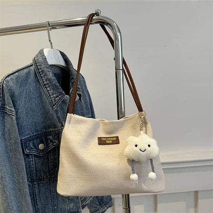 Textured Tote Bag with Plush Cloud Charm – Large Shoulder Bag