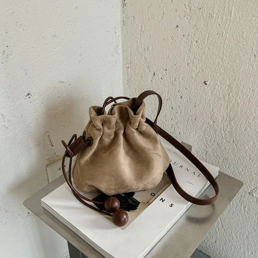 Y2k Retro Mini Drawstring Bucket Bag Faux Suede Crossbody Handbag Leopard Print Shoulder Purse