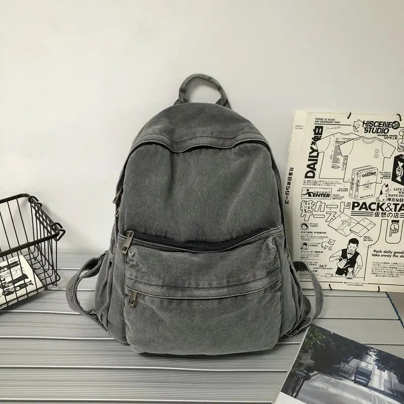 Denim Backpack – Vintage Soft Rucksack with Multiple Zipper Pockets for Girls & Students