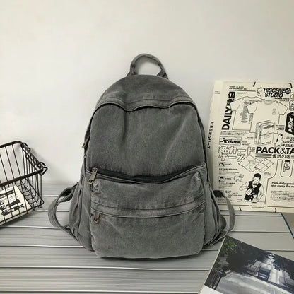 Denim Backpack – Vintage Soft Rucksack with Multiple Zipper Pockets for Girls & Students