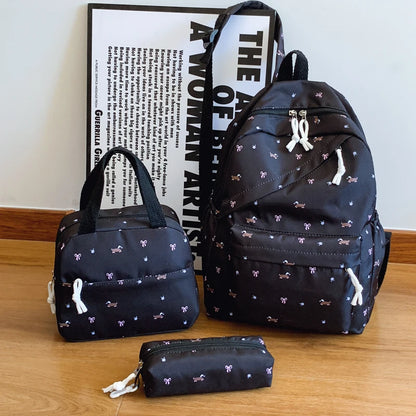 Chic Puppy Print Backpack Set 3pcs Handbag Pen Pouch Stitching Detail Multi Pocket Adjustable Straps