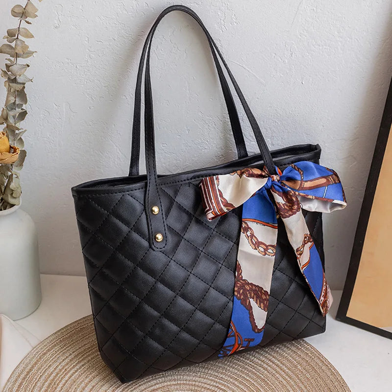 Quilted Tote Bag with Scarf – Large Capacity Women's Shoulder Bucket Bag