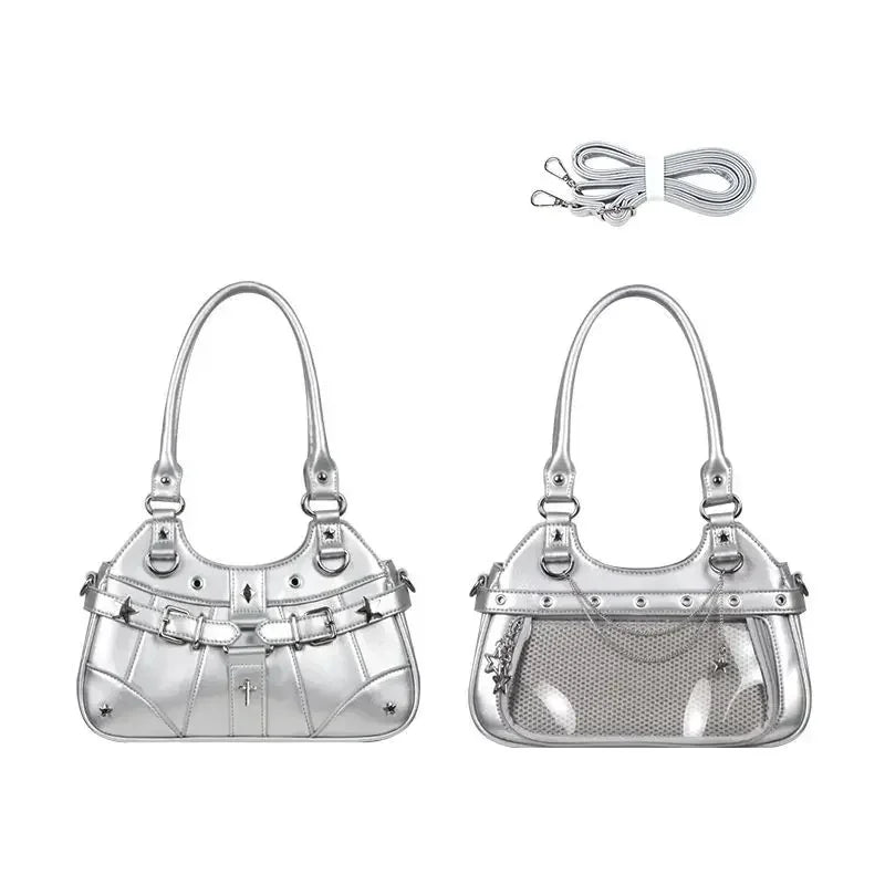 Y2K Ita Shoulder Bag – Transparent Pocket Underarm Handbag with Star & Cross Detail