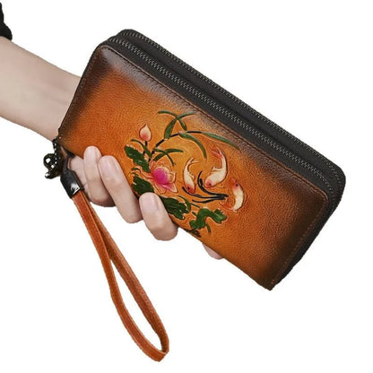 Vegetable-Tanned Genuine Leather Long Wallet Women