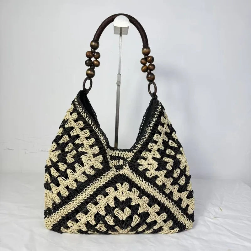Boho Crochet Woven Tote Bag with Wooden Bead Handle