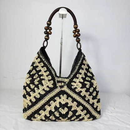 Boho Crochet Woven Tote Bag with Wooden Bead Handle