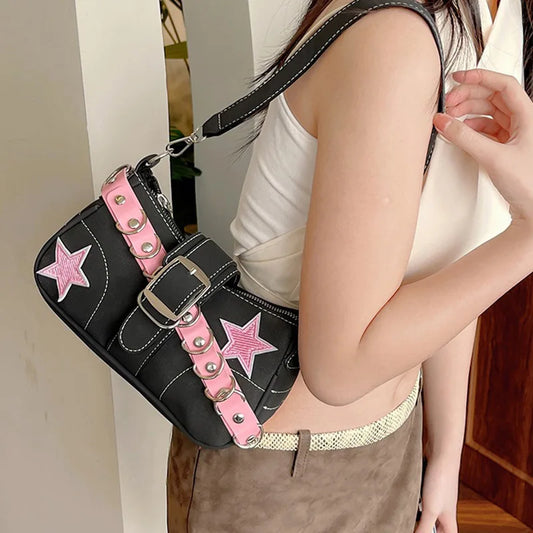Y2K Star Shoulder Bag – Black Underarm Purse with Pink Rivet Strap