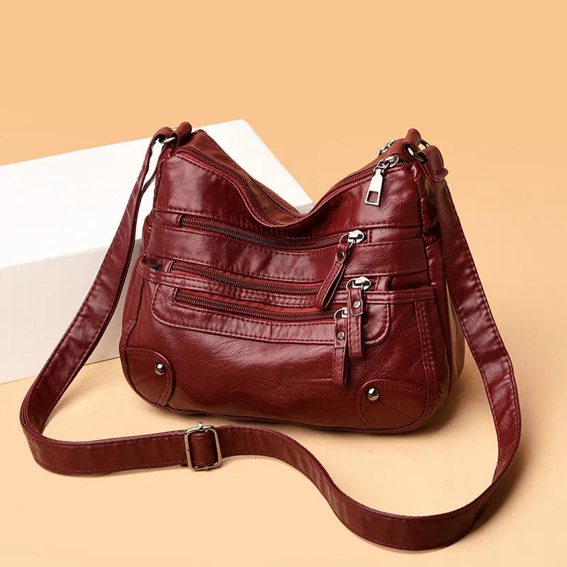 Soft Vegan Leather Crossbody Bag with Multi-Zipper Pockets
