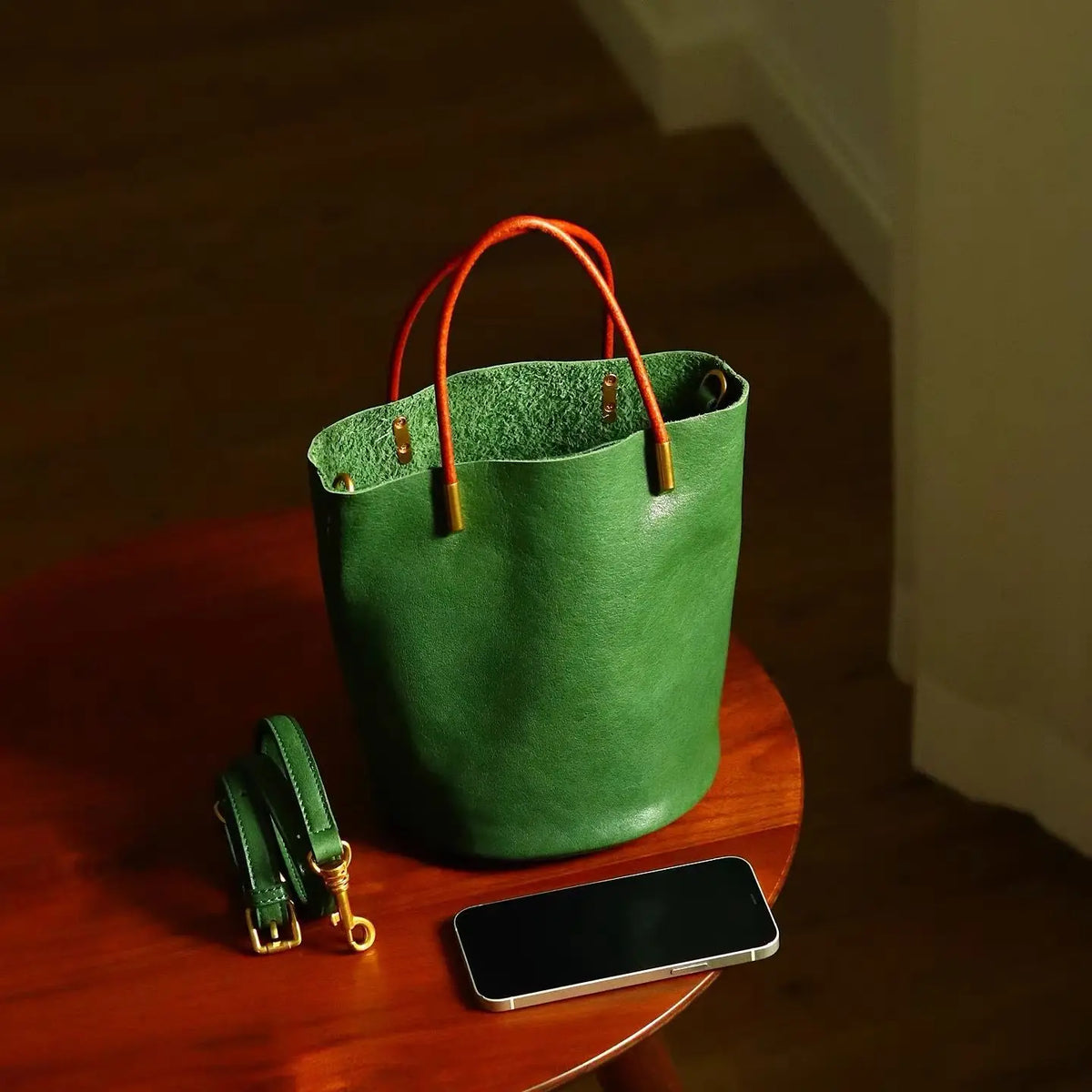 Pashewar Japanese Style Green Leather Bucket Bag Women S Summer Handbag Texture Cowhide Single