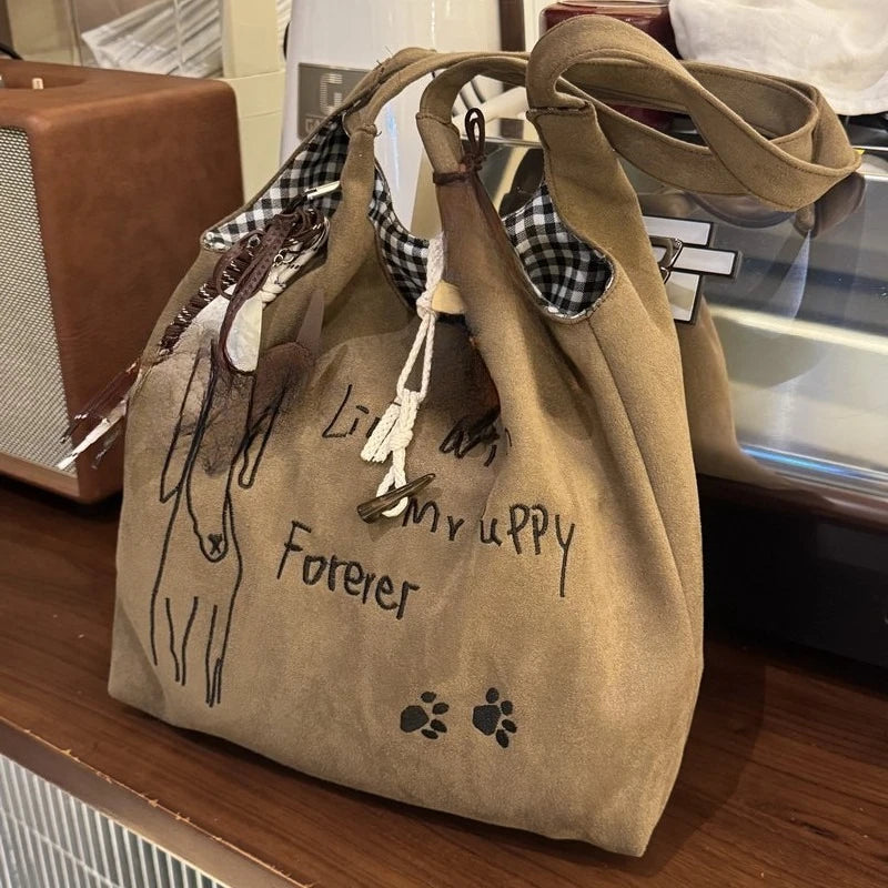 Cute Puppy Print Canvas Tote Bag – Large Capacity Shoulder Bag