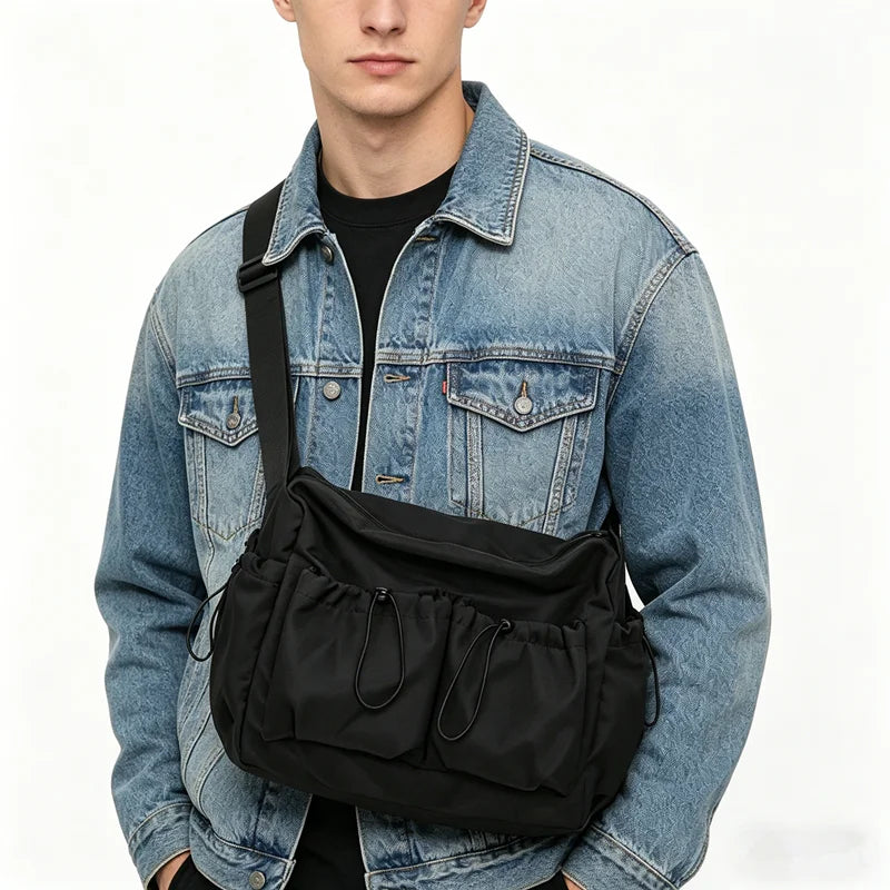 Black Nylon Crossbody Bag – Multi-Pocket Drawstring