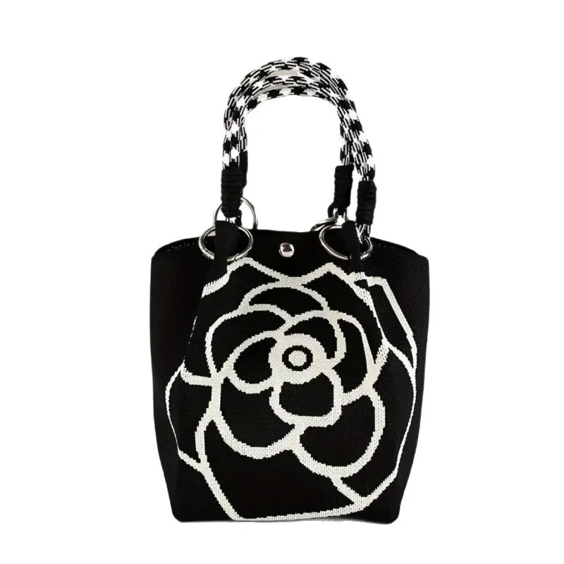 Knitted Tote Bag with Camellia Flower - Large Capacity Weave Handbag
