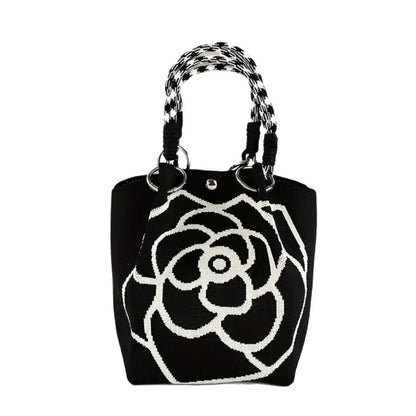 Knitted Tote Bag with Camellia Flower - Large Capacity Weave Handbag