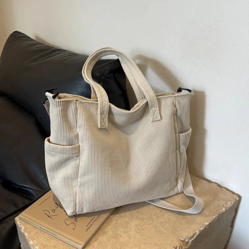 Women Corduroy Tote Bag Casual Multi Pocket Handbag Adjustable Strap Crossbody Sling Bag Zipper Shoulder Bag Fall Winter Bag