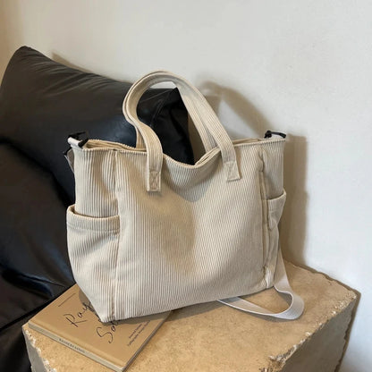 Women Corduroy Tote Bag Casual Multi Pocket Handbag Adjustable Strap Crossbody Sling Bag Zipper Shoulder Bag Fall Winter Bag