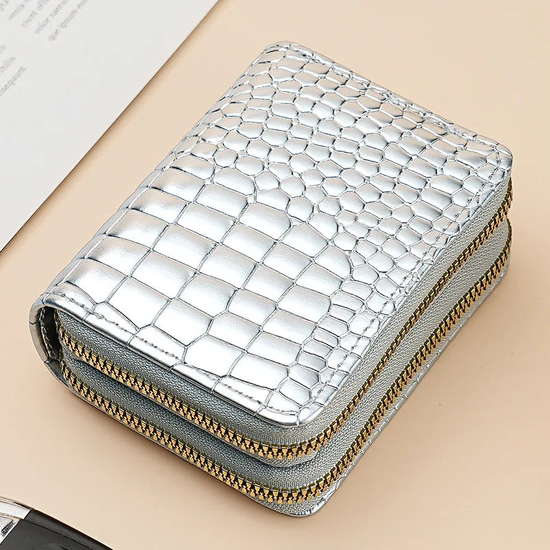 Crocodile Print Solid Color Organ Double Zipper Card Bag Multi-Card Large Capacity Sleeve Purse