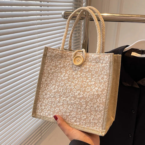 Women's Canvas Tote Bag – Floral Minimalist Handbag with Button Closure