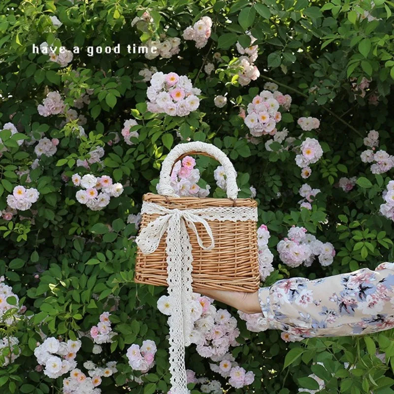 Handwoven Rattan Women Tote Bag Lace Ribbon Mini Wicker Basket Handbag Summer Beach