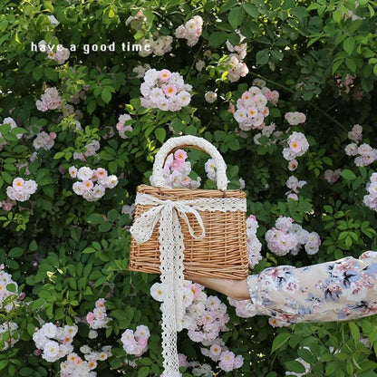 Handwoven Rattan Women Tote Bag Lace Ribbon Mini Wicker Basket Handbag Summer Beach
