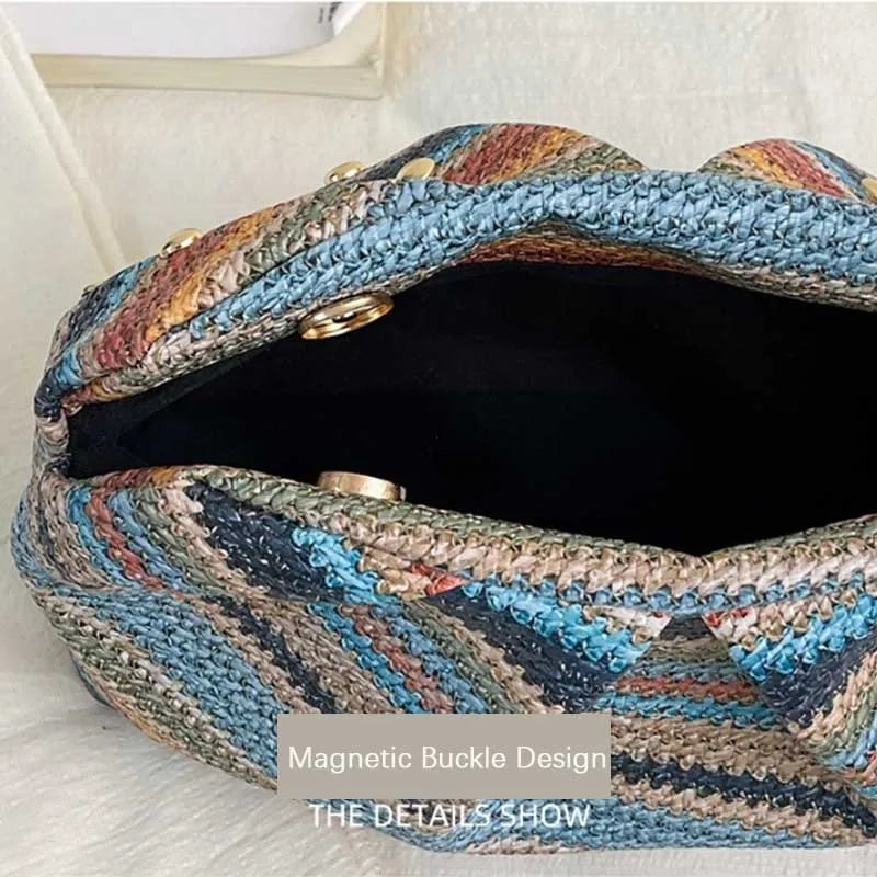 Rainbow Stripe Straw Woven Evening Clutch Women Fresh Bohemian Versatile Purse Party Beach