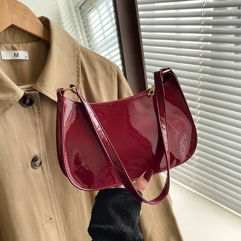 Stylish Casual Women S Underarm Bag Glossy Pu Shoulder Lightweight Solid Color Handbag Outings