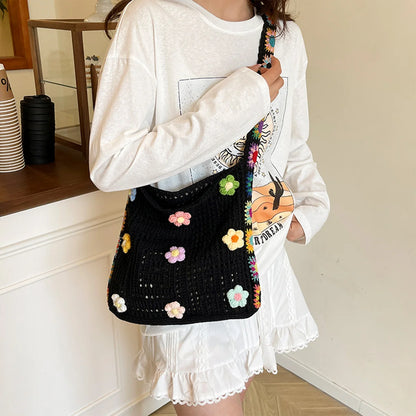 Trendy Bohemian Crochet Bag Cute Floral Shoulder Lightweight Soft Fabric Woman Tote Summer Outdoors