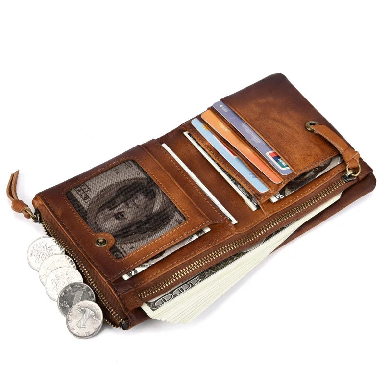 Genuine Leather Coin Pocket Card Holder Retro Double-Zipper Men S Wallet