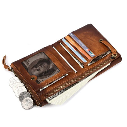 Genuine Leather Coin Pocket Card Holder Retro Double-Zipper Men S Wallet