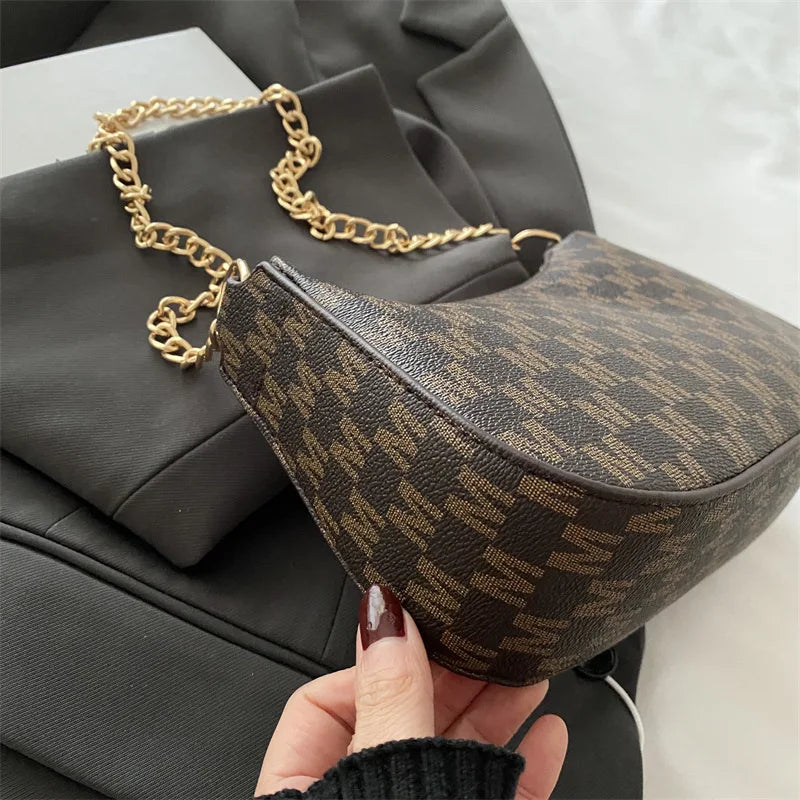 Leopard Print Half Moon Bag with Gold Chain Strap