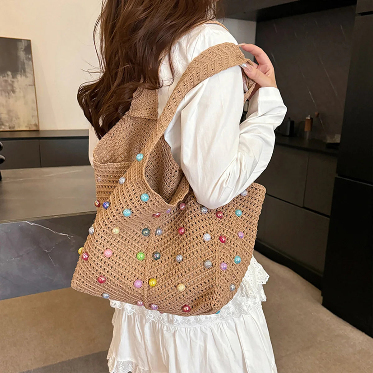 Beach Knitted Openwork Women Shoulder Bag Colorful Pearl Tote Soft Material Large Capacity Versatile