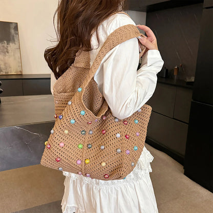 Beach Knitted Openwork Women Shoulder Bag Colorful Pearl Tote Soft Material Large Capacity Versatile
