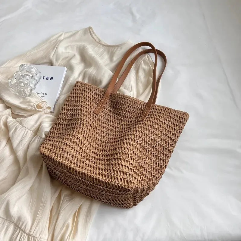 Straw Tote Bag with Leather Handles – Women's Beach Bag