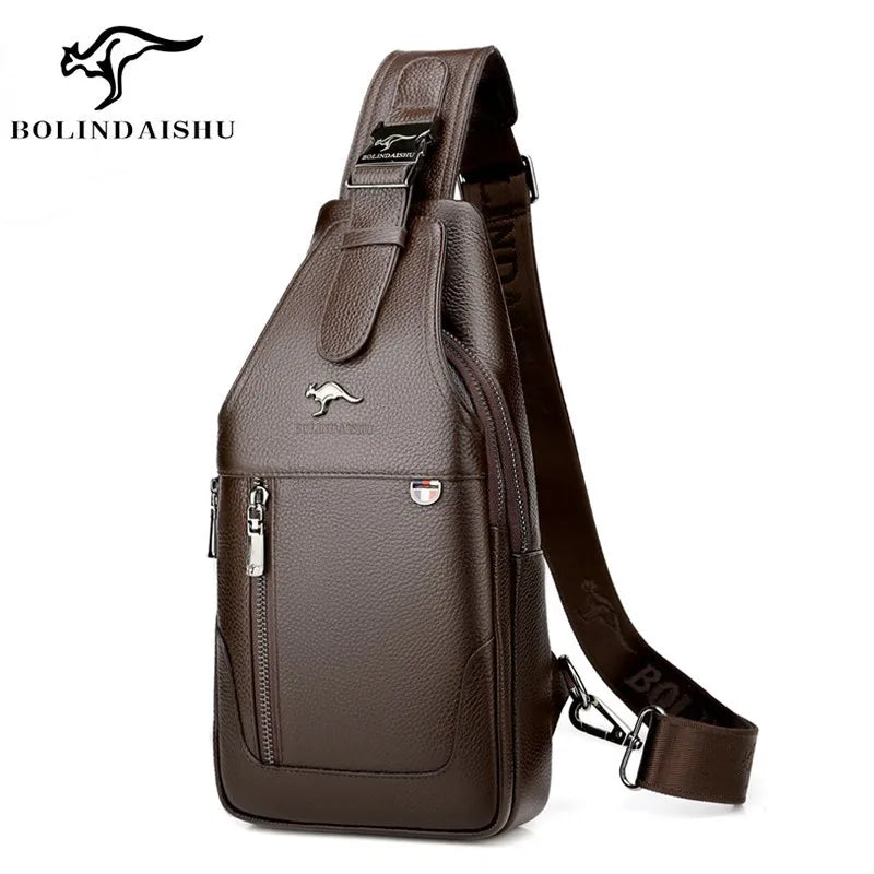 Men S Chest Bag Cowhide Crossbody Casual Single-Shoulder Bag