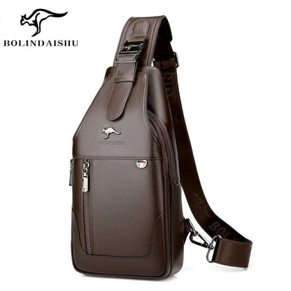 Men S Chest Bag Cowhide Crossbody Casual Single-Shoulder Bag