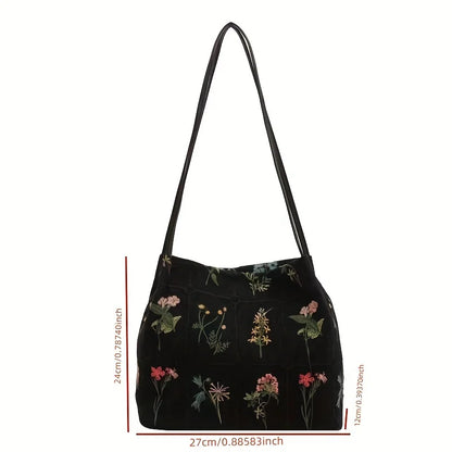 Floral Embroidery Corduroy Tote Bag – Large Capacity Shoulder Purse