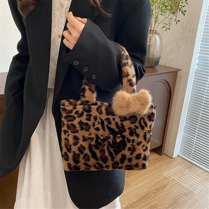 Leopard Print Fluffy Tote Bag – Y2K Faux Fur Shoulder Bag for Women