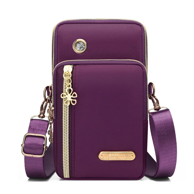 Mini Crossbody Phone Bag with Multi Zipper Pockets & Gold Hardware