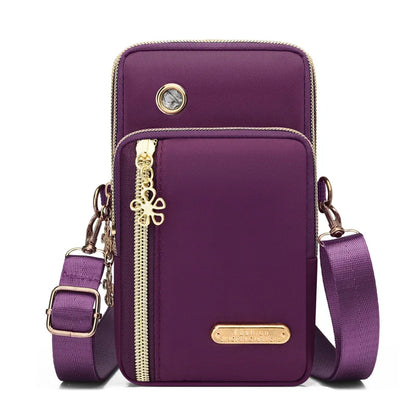 Mini Crossbody Phone Bag with Multi Zipper Pockets & Gold Hardware