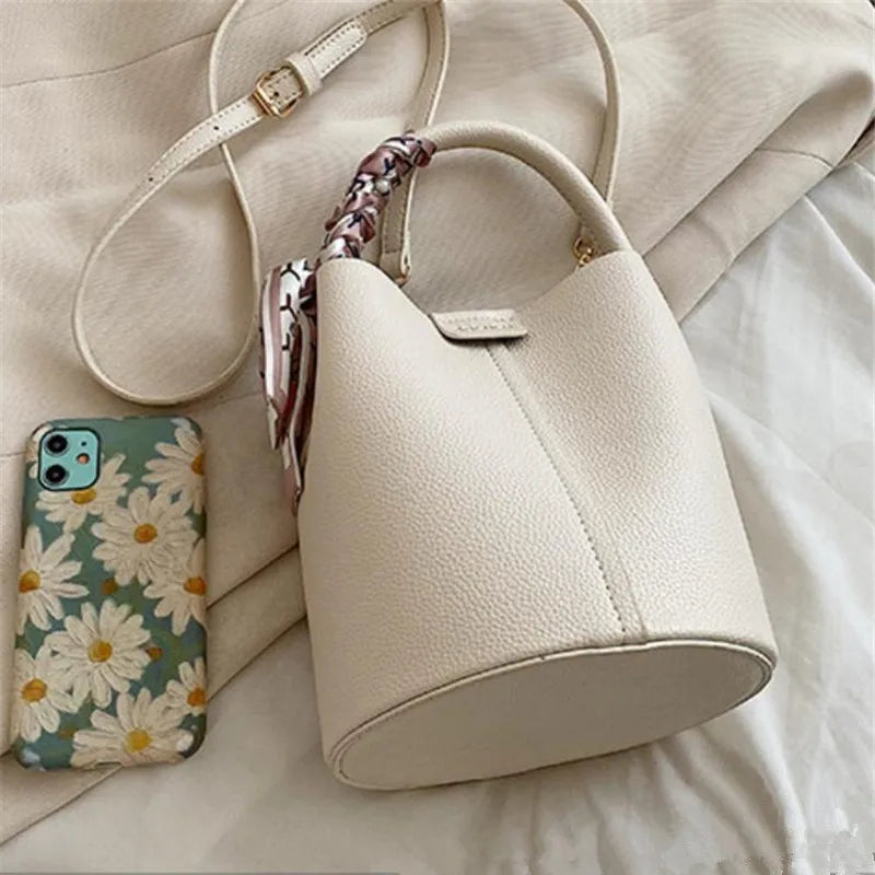 Elegant Bucket Handbag Shoulder Bag Silk Scarf Fashionable Faux Leather Tote Crossbody Bags Women S