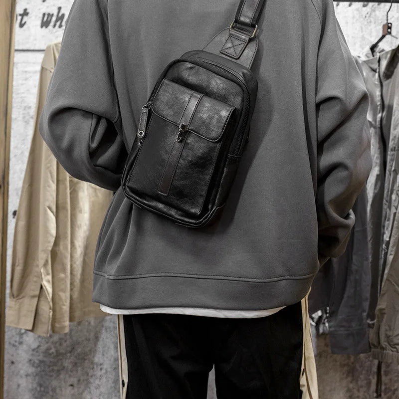 Pu Leather Men S Crossbody Bag Simple Multi-Functional Chest Bag Commuting Portable Waterproof