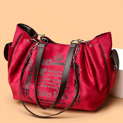 Letter Print Faux Suede Tote Bag – Retro Large Capacity Shoulder Bag for Women