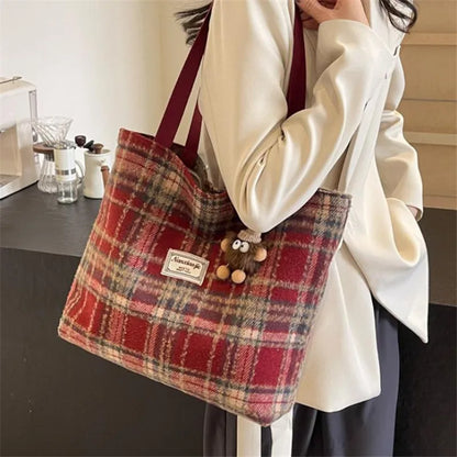 Plaid Wool Tote Bag – Soft Shoulder Handbag with Pendant