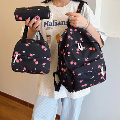 Cute Strawberry Pattern Backpack Set 3pcs Handbag Pencil Case Reinforced Nylon Dual Zipper School