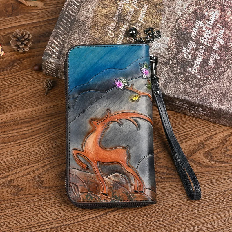 Retro Wallet Deer Head Holding Top Layer Cowhide Long Large-Capacity Mobile Phone Storage Zipper