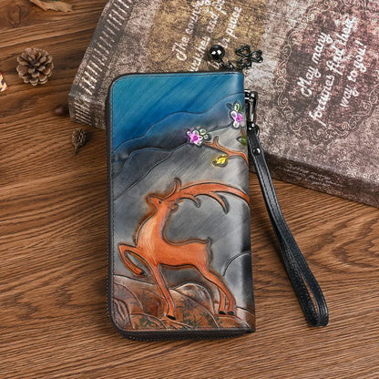 Retro Wallet Deer Head Holding Top Layer Cowhide Long Large-Capacity Mobile Phone Storage Zipper