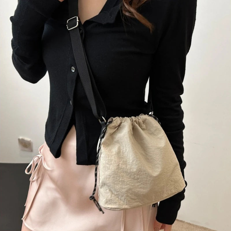 Nylon Drawstring Crossbody Bucket Bag for Women