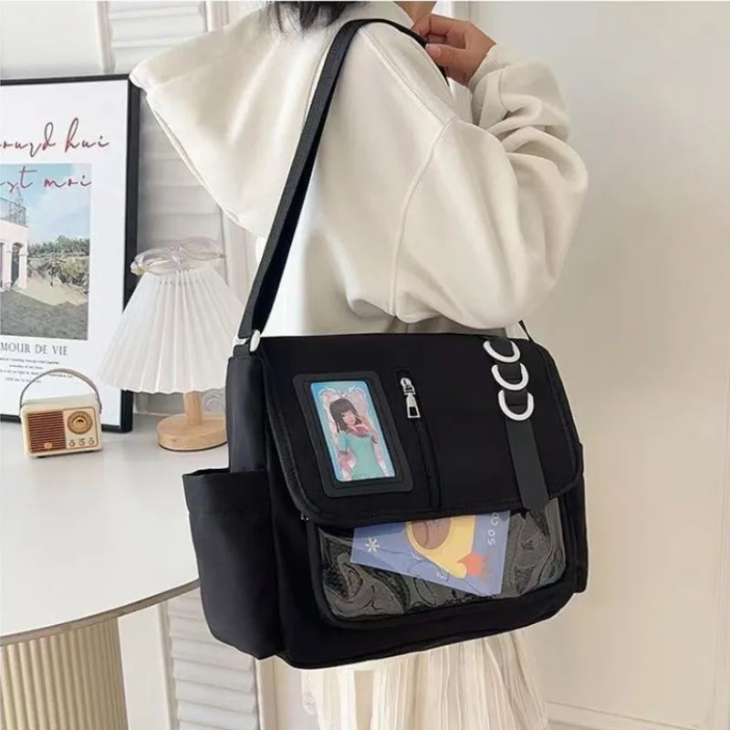 Clear Patch Canvas Messenger Bag – Multi-Pocket Crossbody