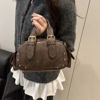 Women S Retro Shoulder Bag Cool Studded Decor Motorcycle Exquisite Versatile Bowling Multiple