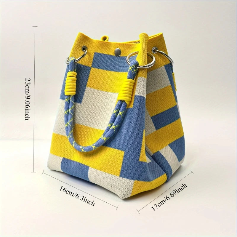 Women's Multicolor Bucket Bag – Striped Tote with Rope Handle
